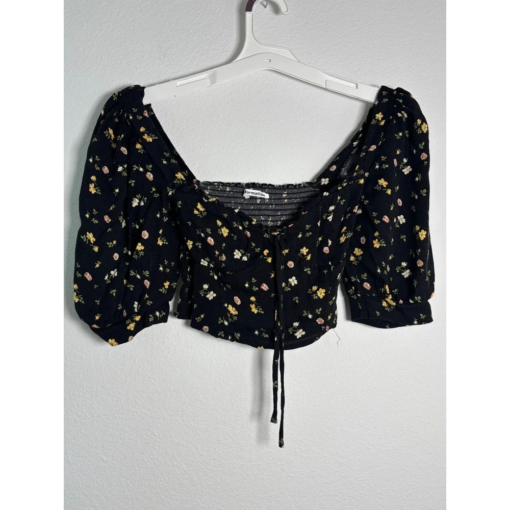 Reformation Floral Crop Top Black Puff Sleeve Smocked Back Square Neck Size 4